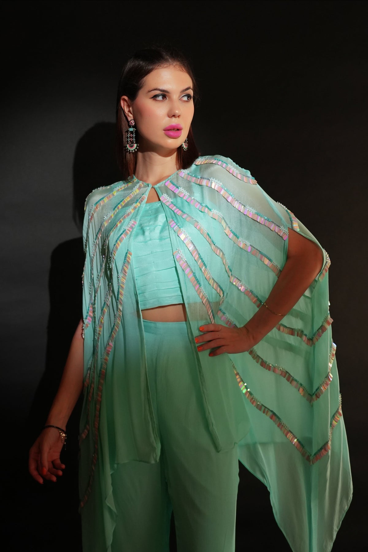 Ice Blue Chiffon Cape with Boot Cut Pants-3