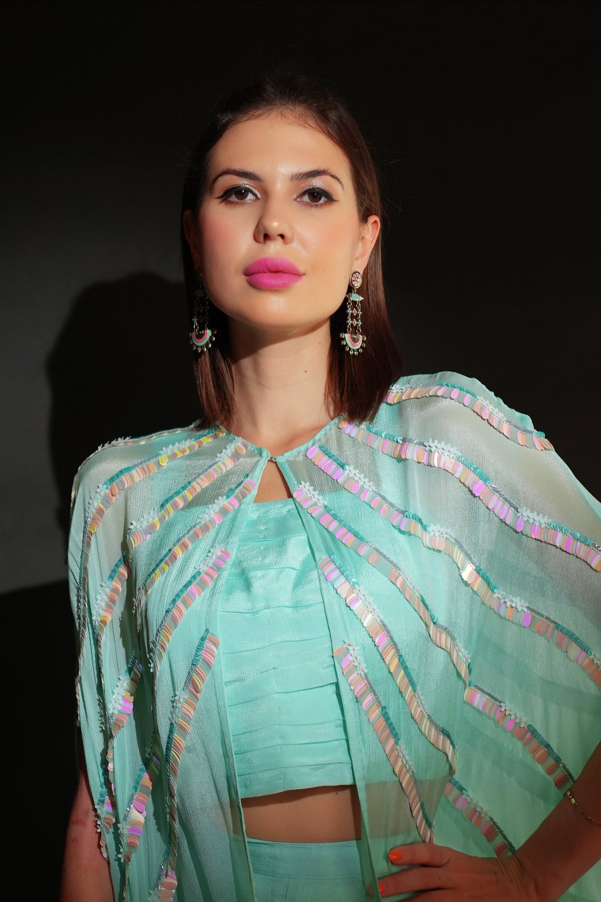 Ice Blue Chiffon Cape with Boot Cut Pants-4
