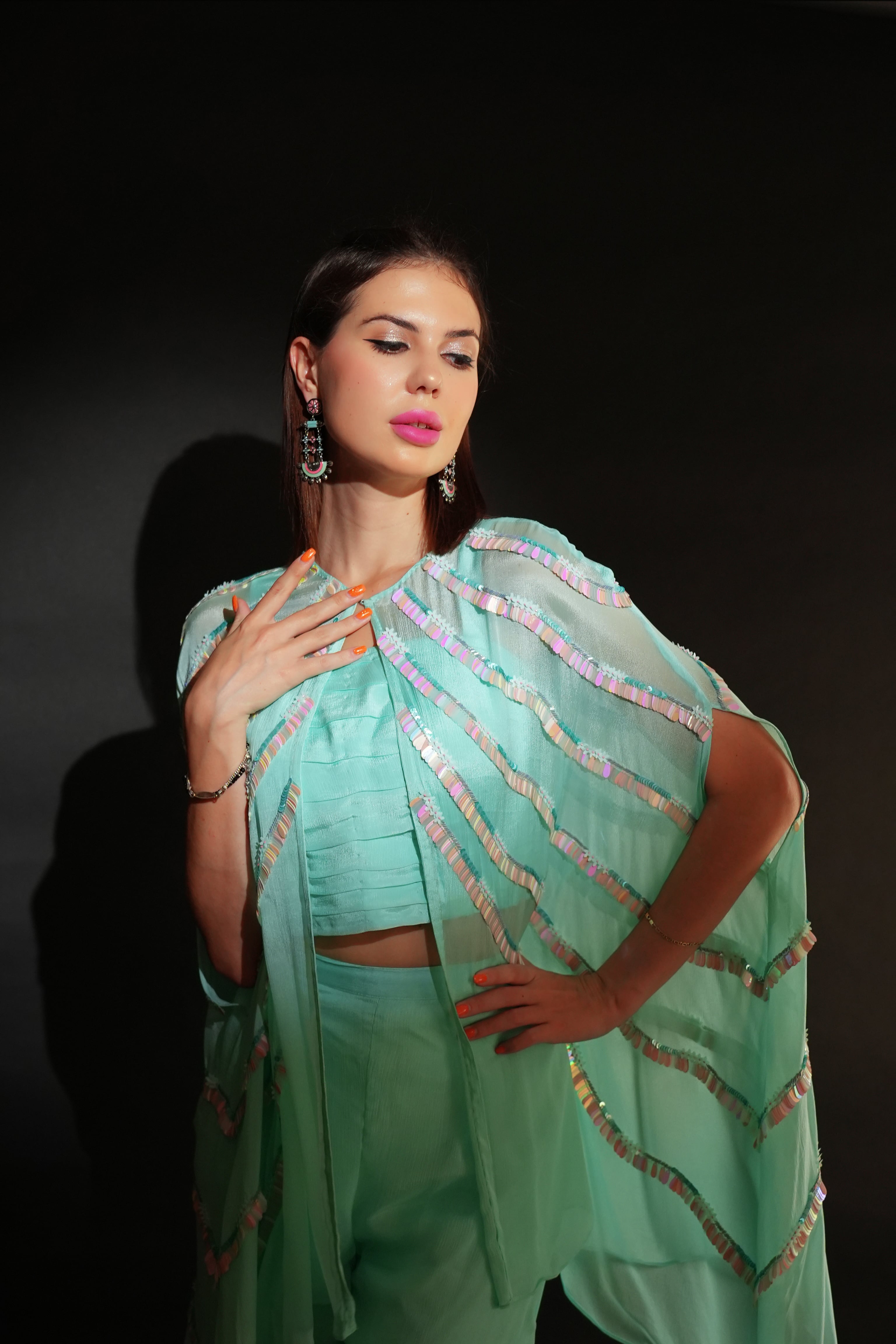 Ice Blue Chiffon Cape with Boot Cut Pants-1