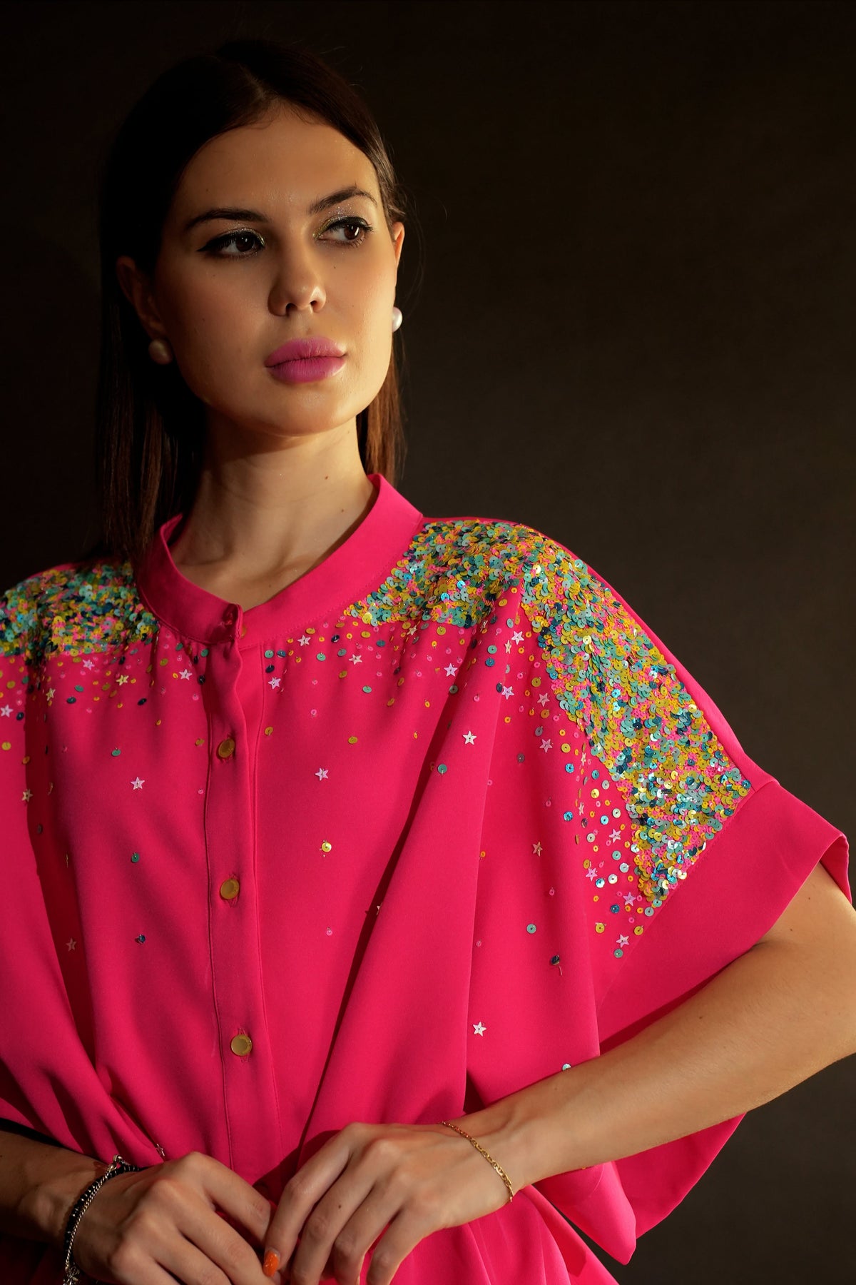 Hot Pink Top with Sequin Embroidery-3