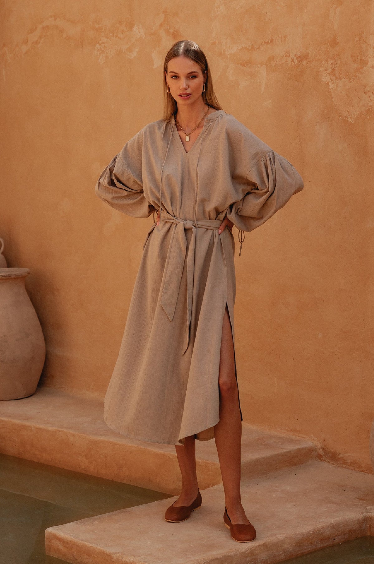 Denise Long Sleeve Linen Kimono Dress-0