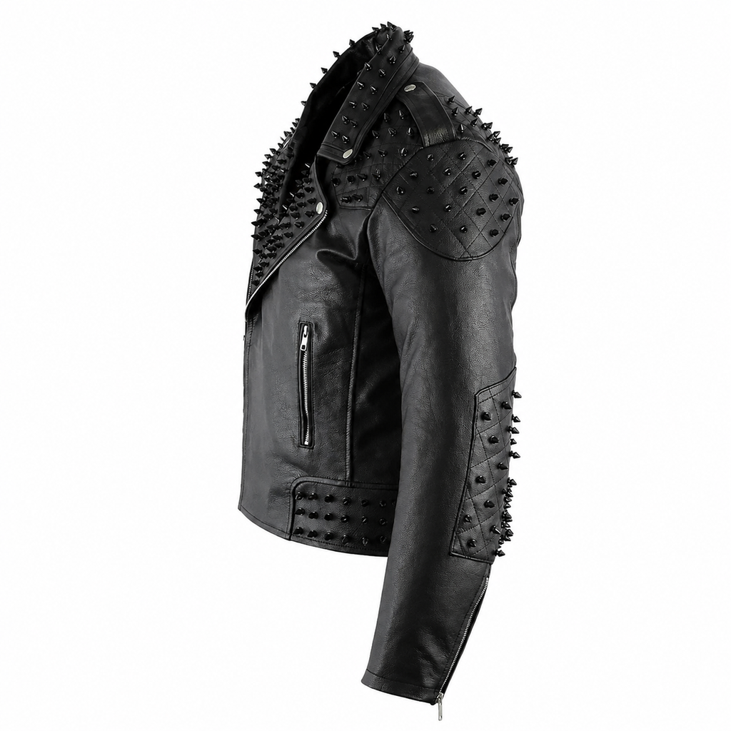 Men’s Black Studded Leather Biker Jacket-2