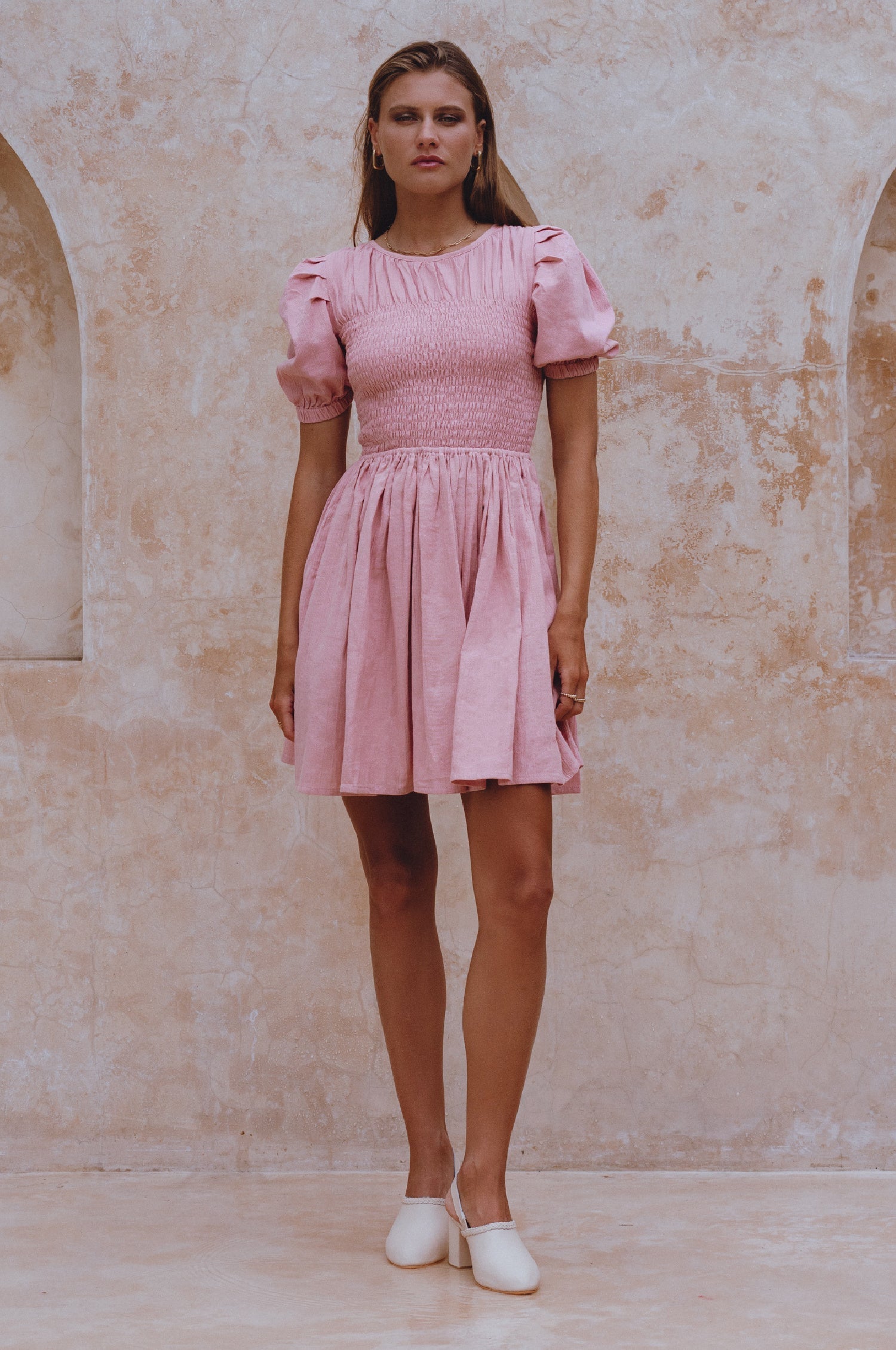 Elodie Smocked Linen Mini Dress-2