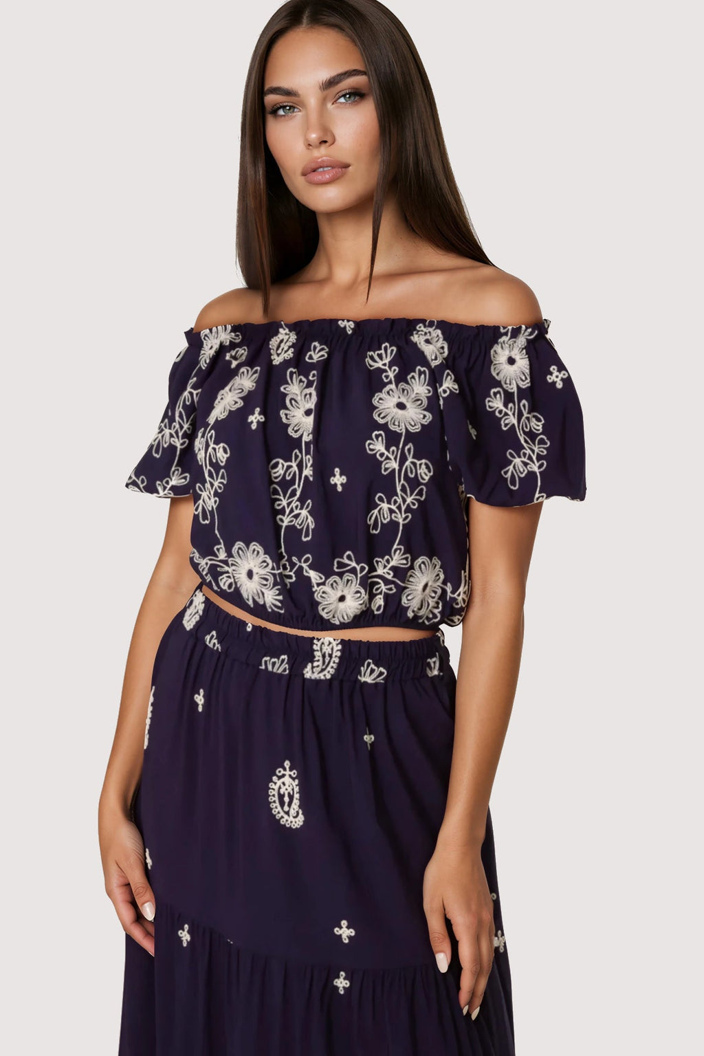 Navy Flower Embroidered Bardot Top & Maxi Skirt Co‑Ord Set-1