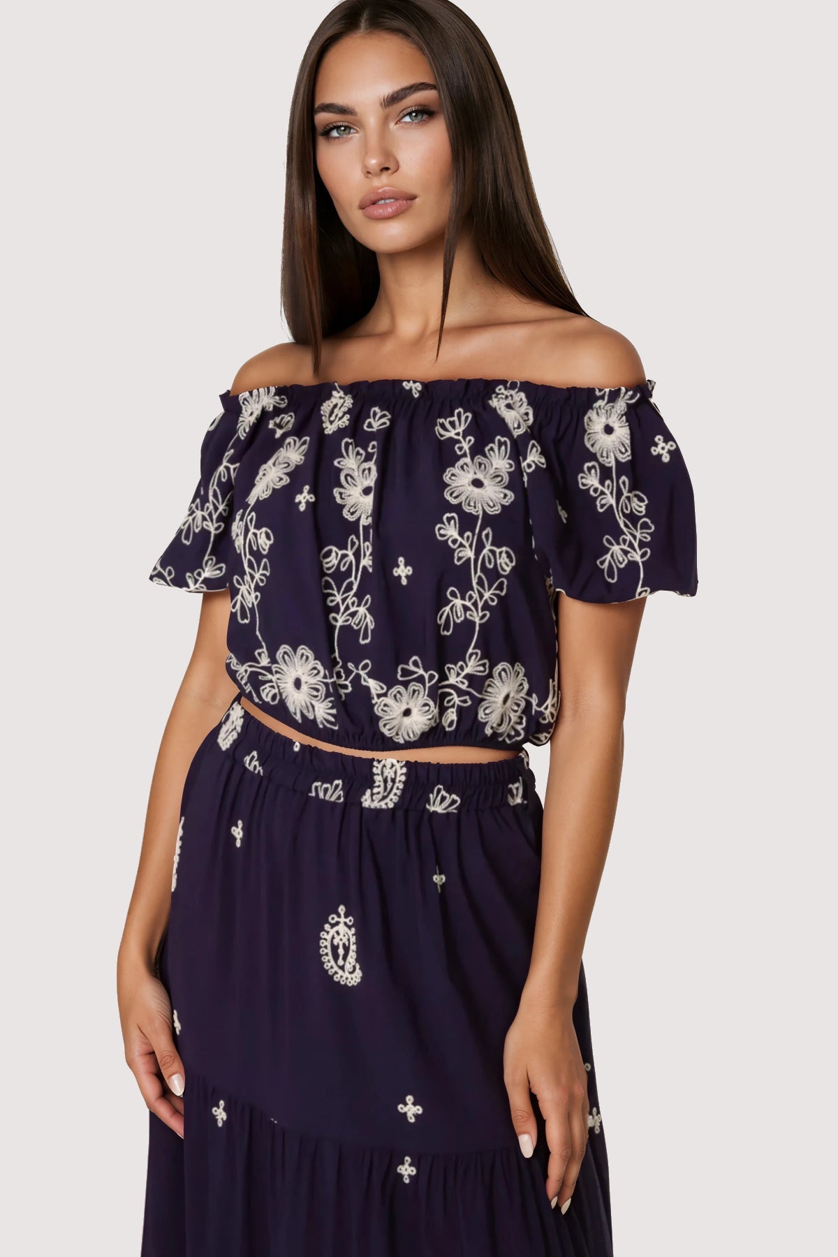 Navy Flower Embroidered Bardot Top & Maxi Skirt Co‑Ord Set-1