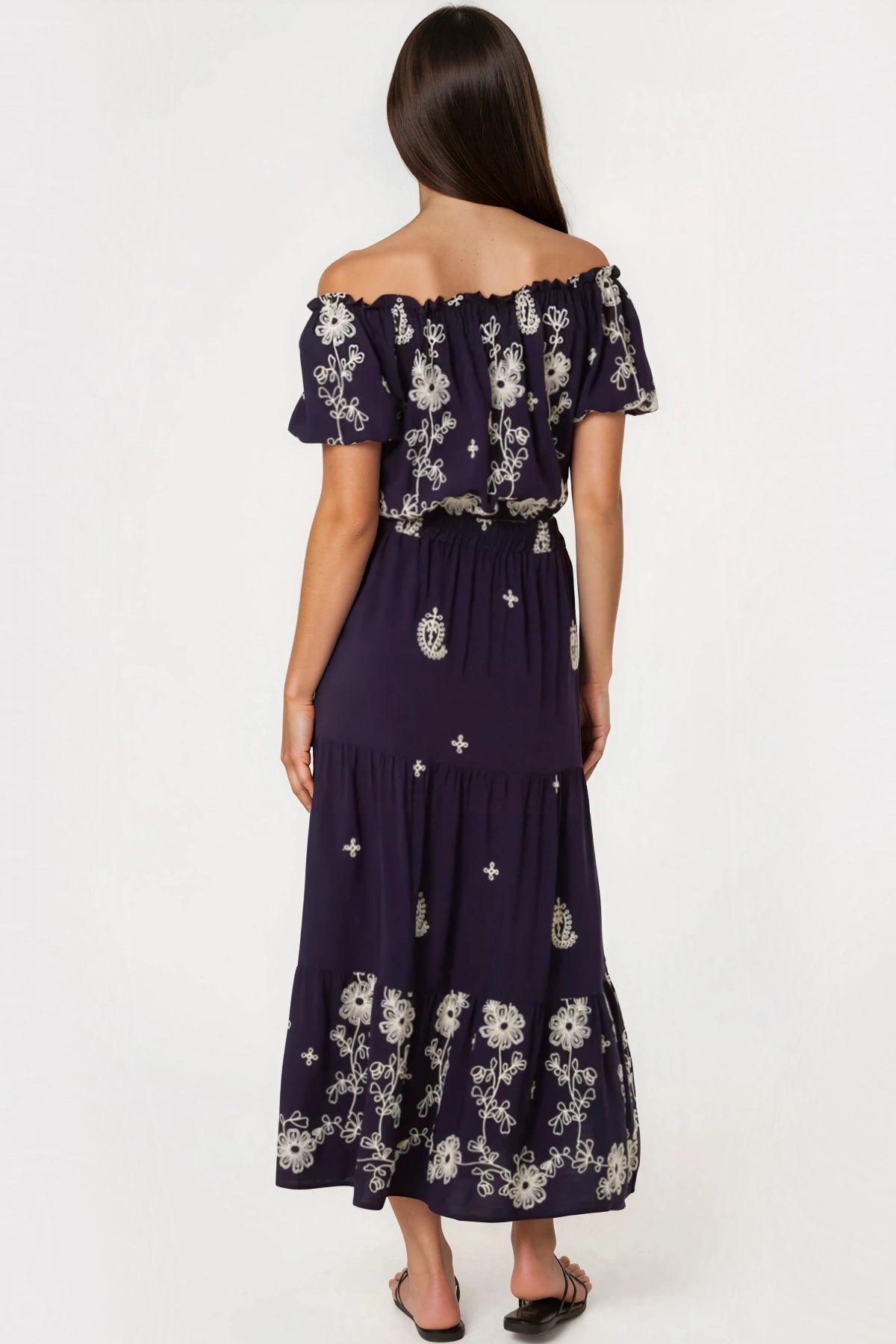 Navy Flower Embroidered Bardot Top & Maxi Skirt Co‑Ord Set-2