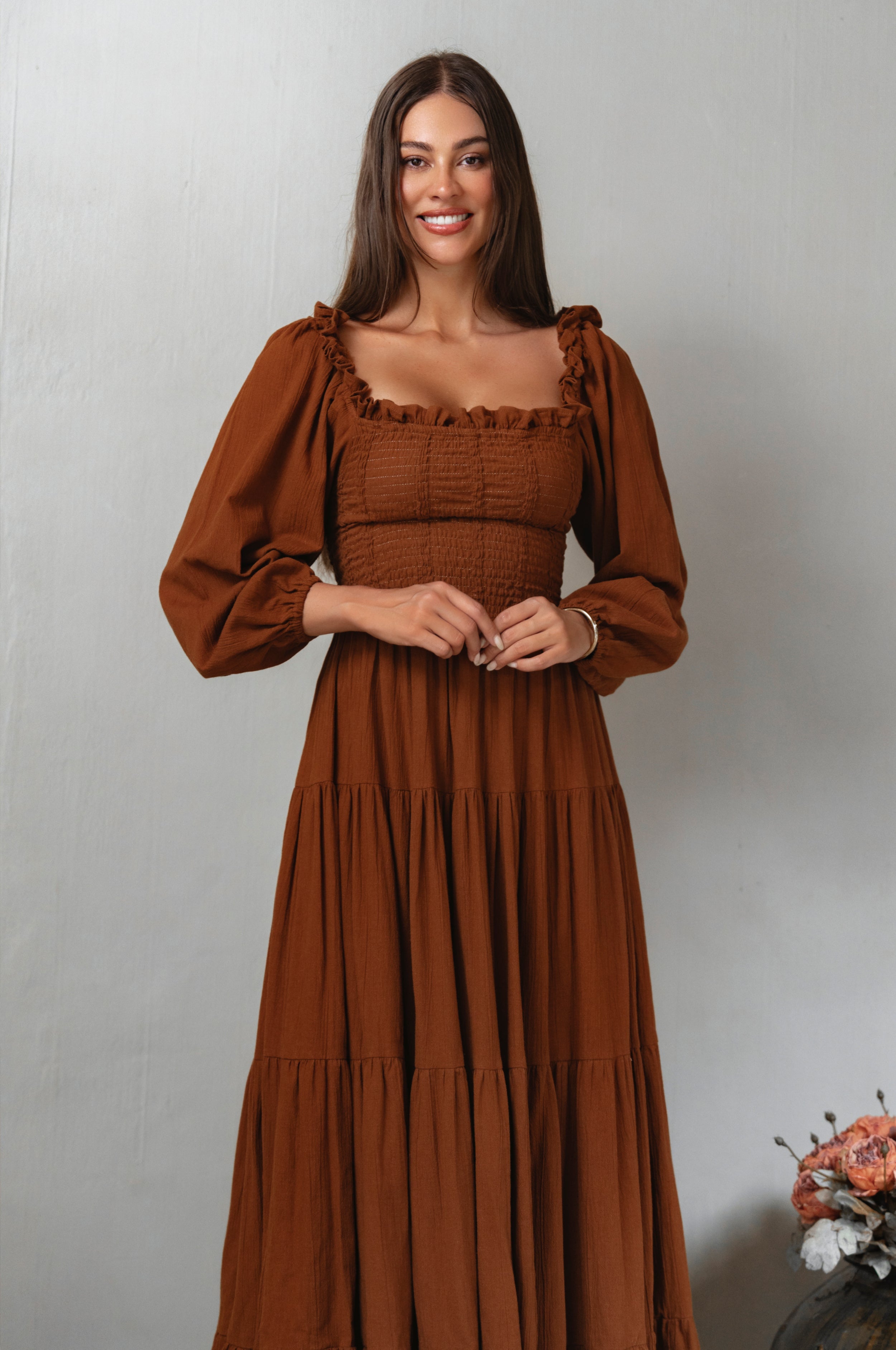 Evangeline Tiered Linen Midi Dress-4
