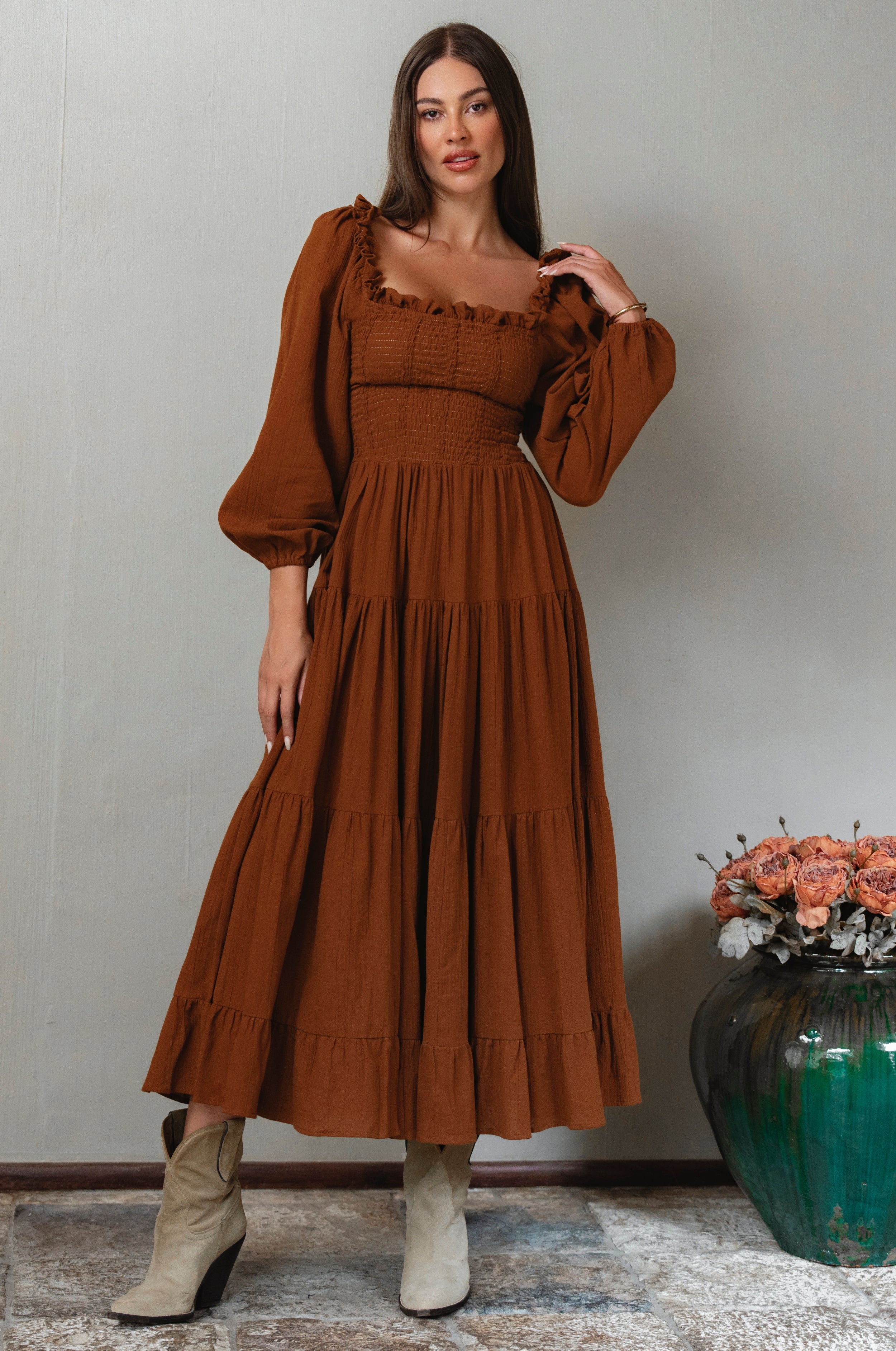Evangeline Tiered Linen Midi Dress-6