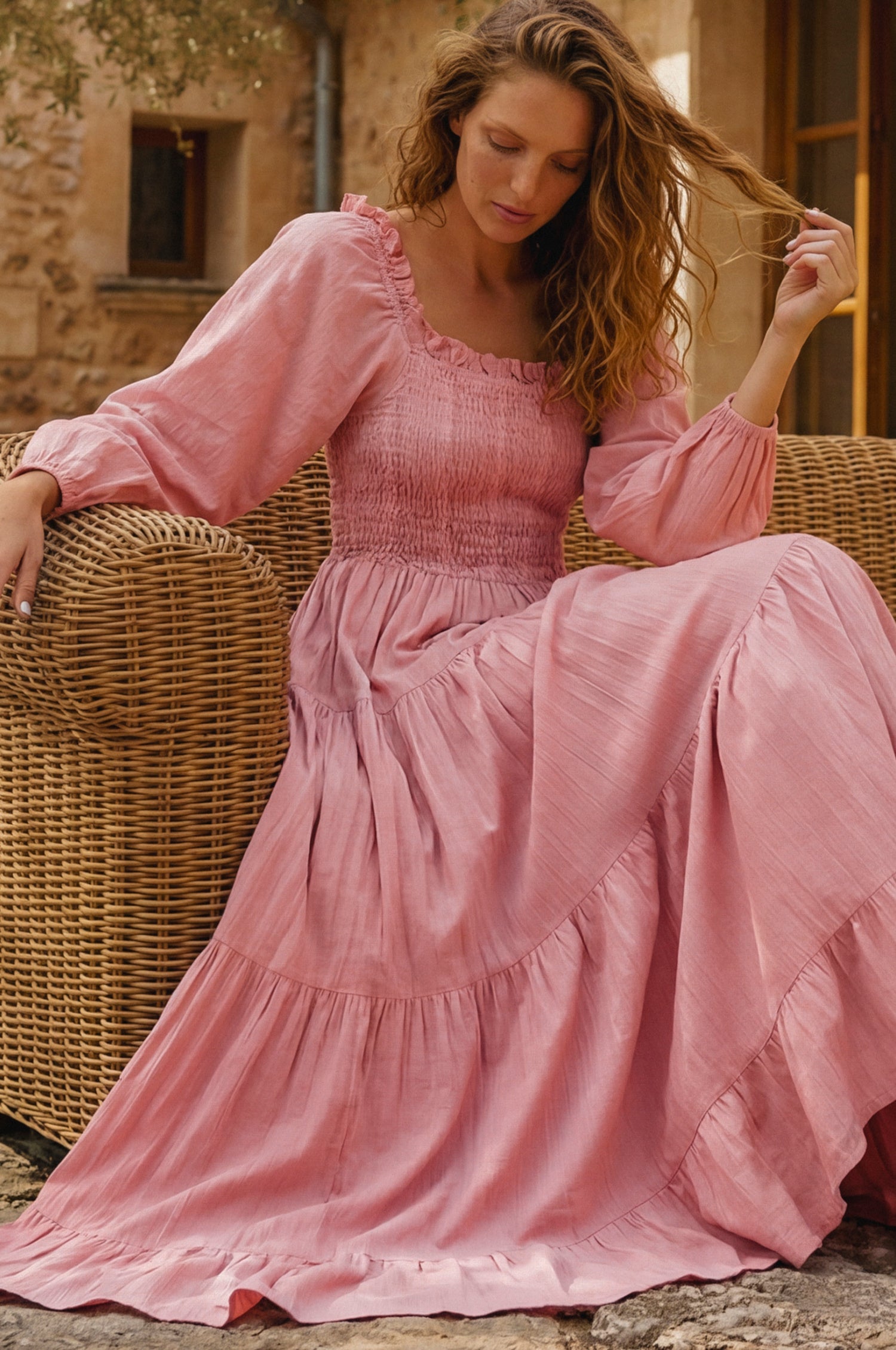 Evangeline Tiered Linen Midi Dress-7