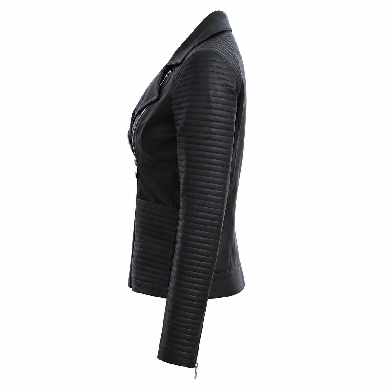 Women’s Black Zipper Biker Jacket with Lip Collar Leather-2