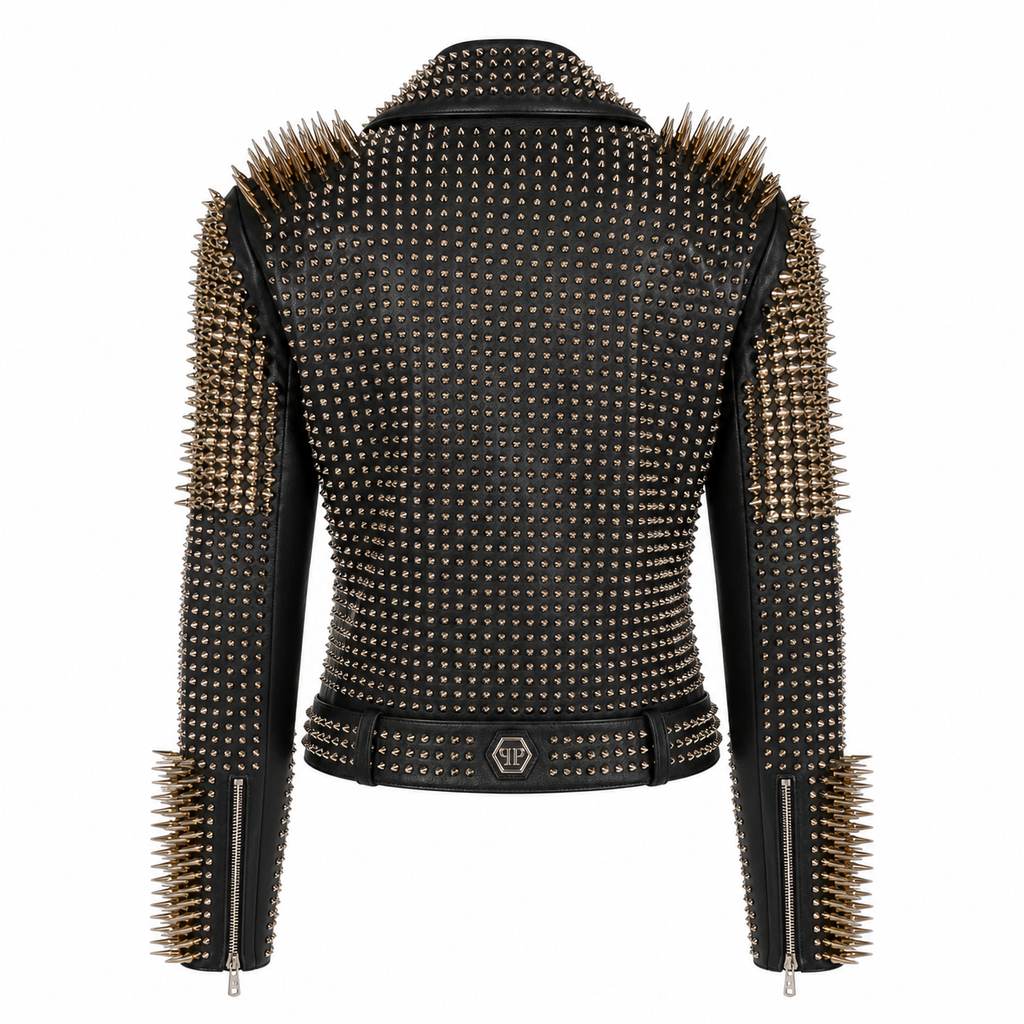 Women’s Golden Studded Leather Biker Jacket-1