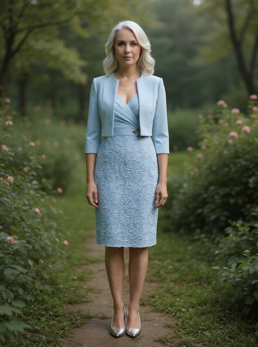 Sky blue 2-piece lace appliqued mom bridal dress suit-1