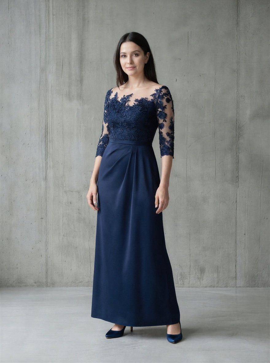 Navy blue maxi pleated waistline mermaid mother of the bride/groom maxi dress-2