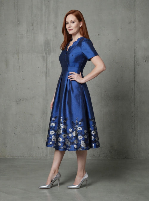 Blue short sleeves floral jacquard A-line mom dress-1