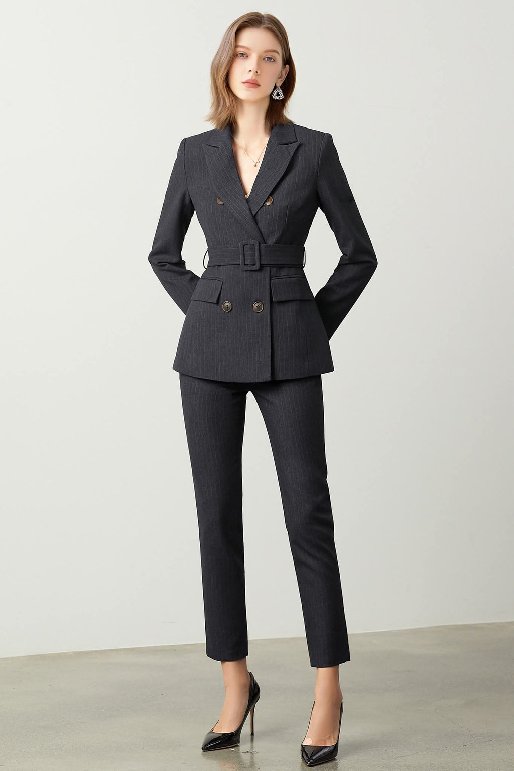 Black belted striped double breasted pantsuit-1
