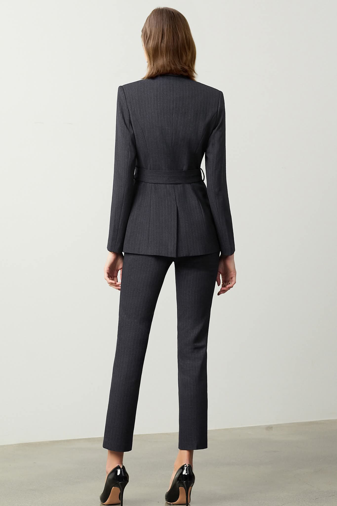 Black belted striped double breasted pantsuit-3