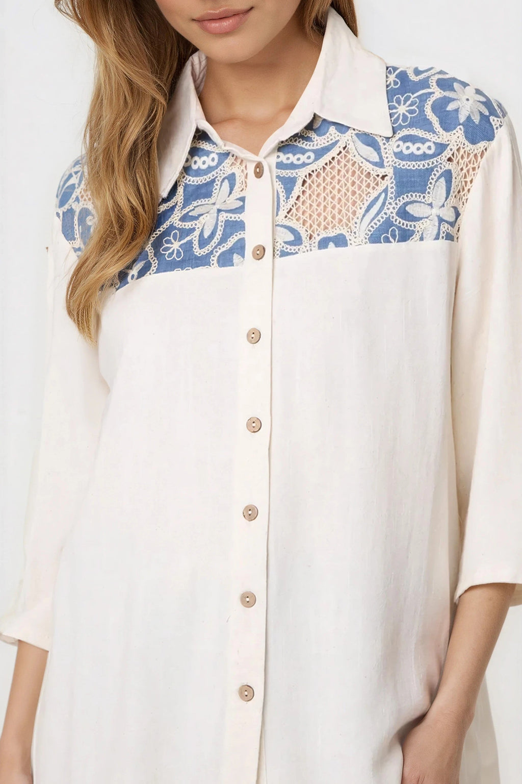Denim Floral Crochet Linen Blend Shirt-1