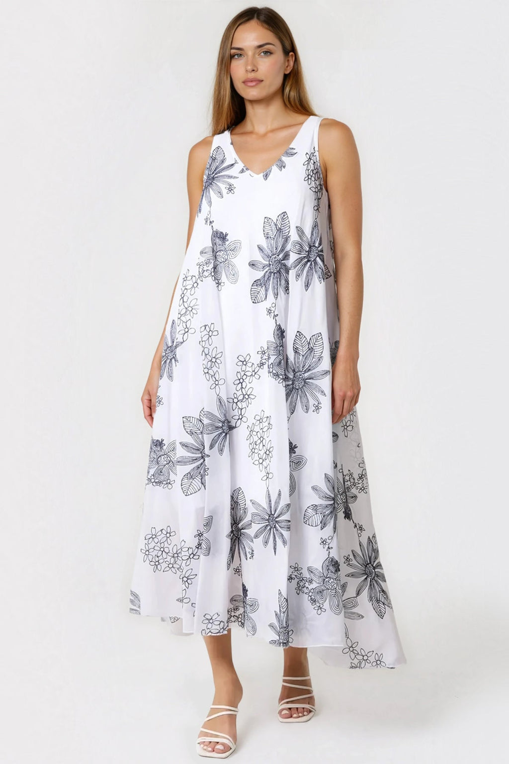 White and Navy Floral Embroidered Cotton Maxi Dress-0