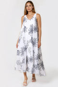 White and Navy Floral Embroidered Cotton Maxi Dress-0