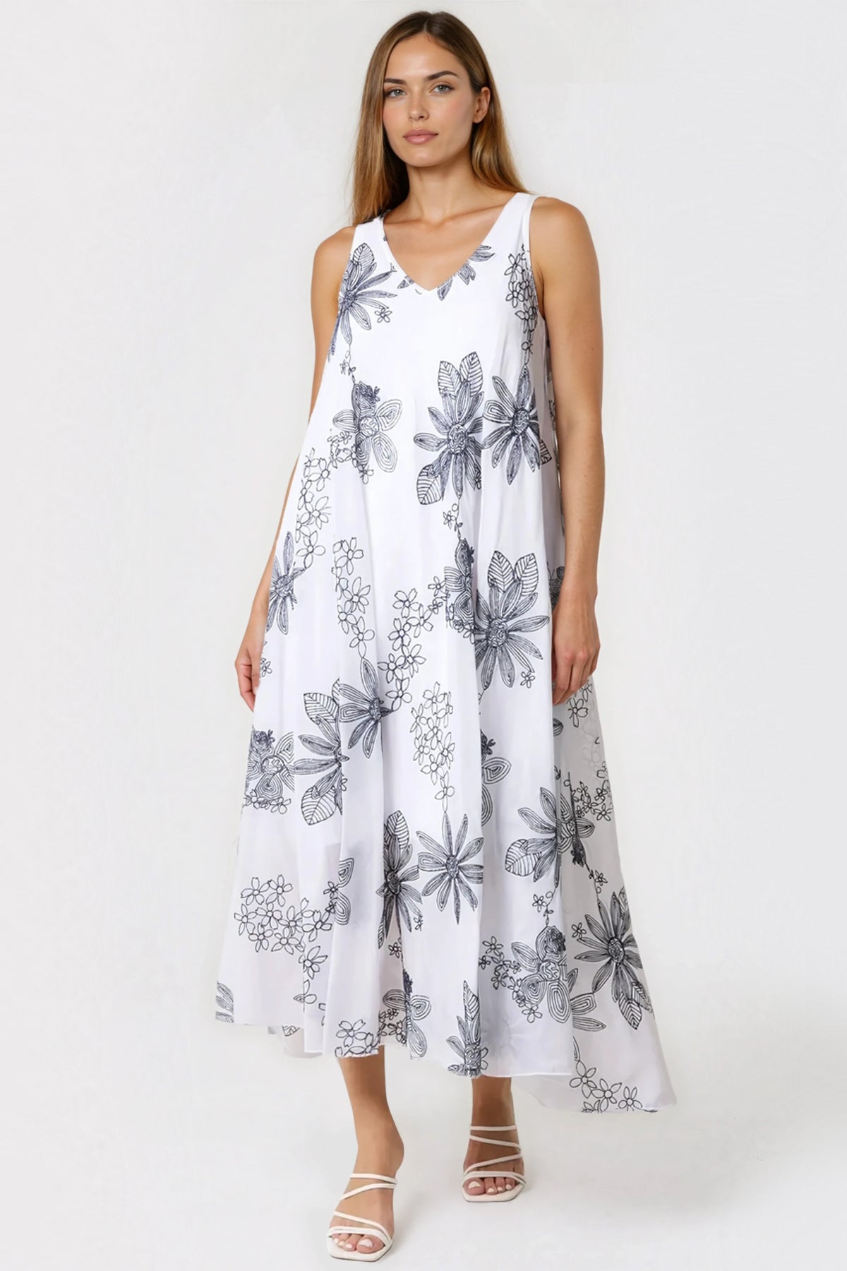 White and Navy Floral Embroidered Cotton Maxi Dress-0