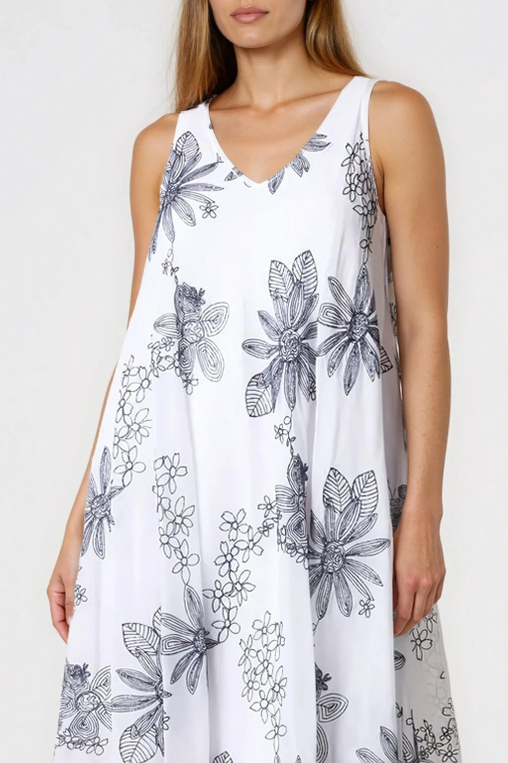White and Navy Floral Embroidered Cotton Maxi Dress-1