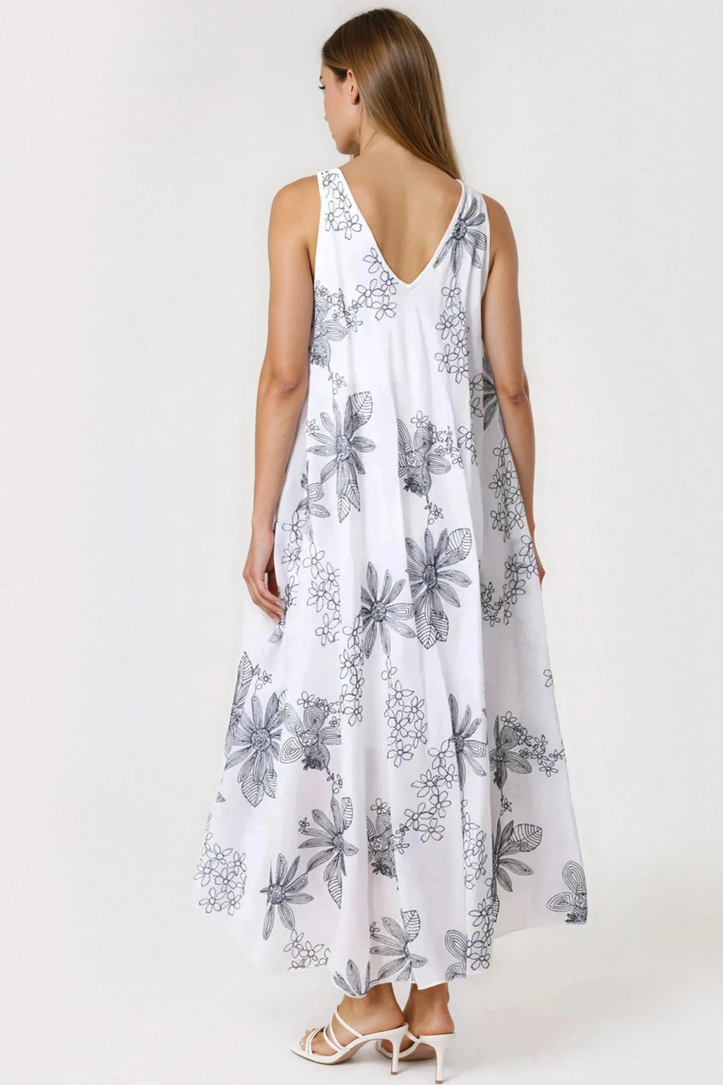 White and Navy Floral Embroidered Cotton Maxi Dress-2