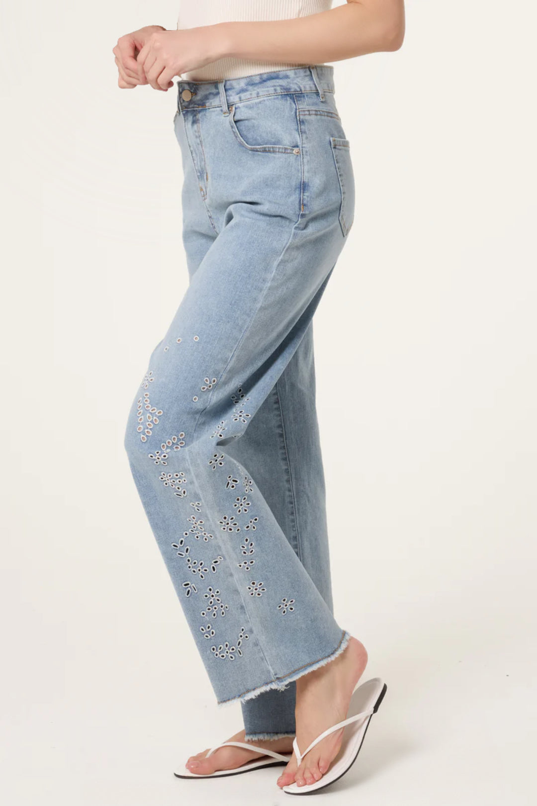 Light Blue Eyelet Embroidered Jeans-2