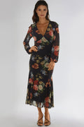 Black Floral V Neckline Midi Dress-0