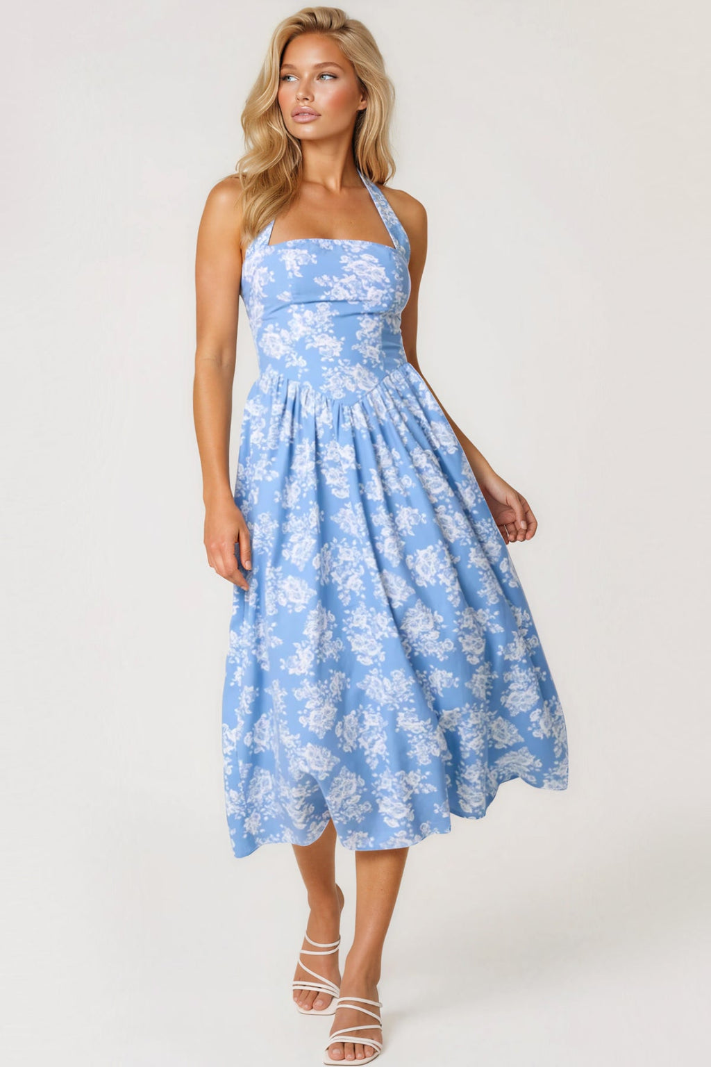 Blue Floral Halterneck Midi Dress-0