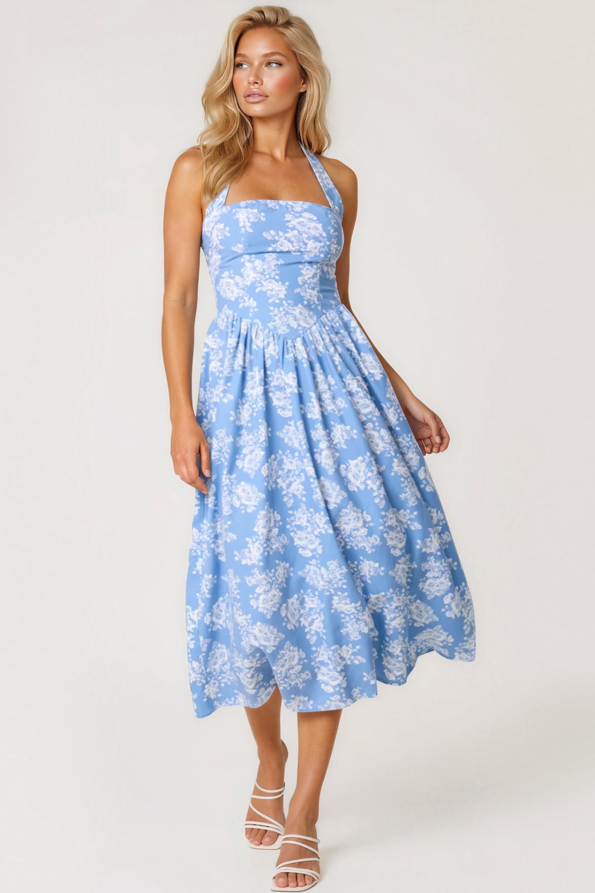 Blue Floral Halterneck Midi Dress-0