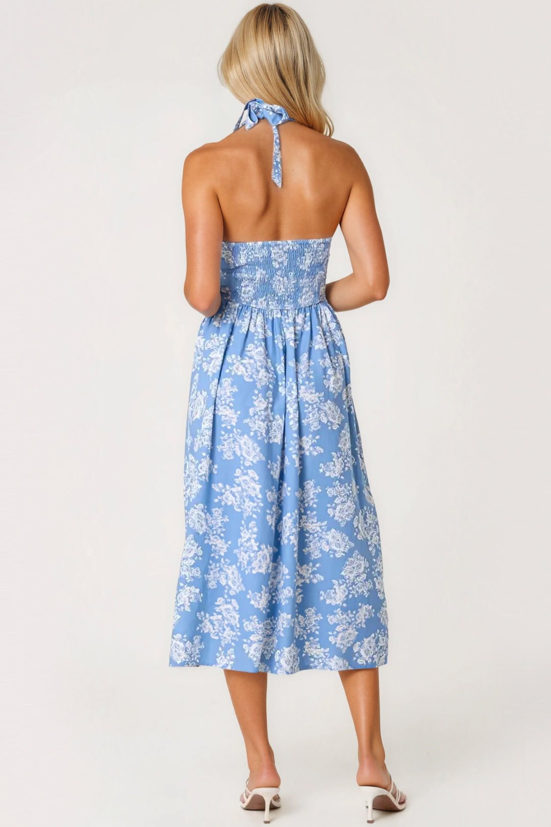 Blue Floral Halterneck Midi Dress-2