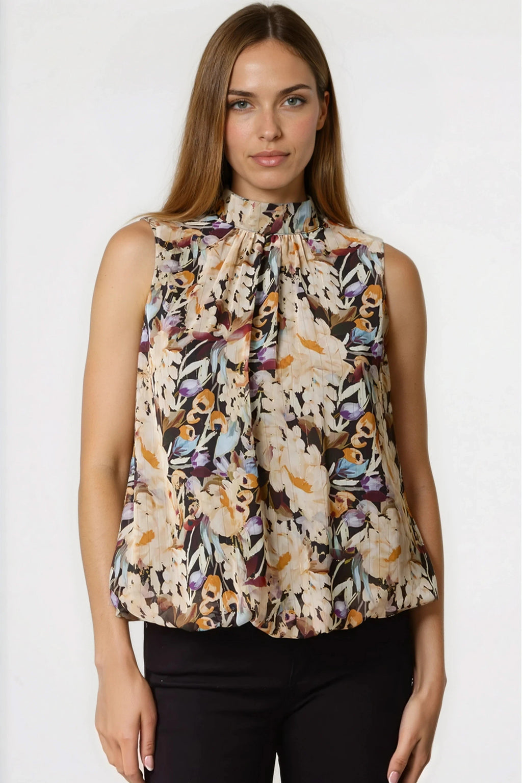 Black Floral High Neck Puffball Top-0