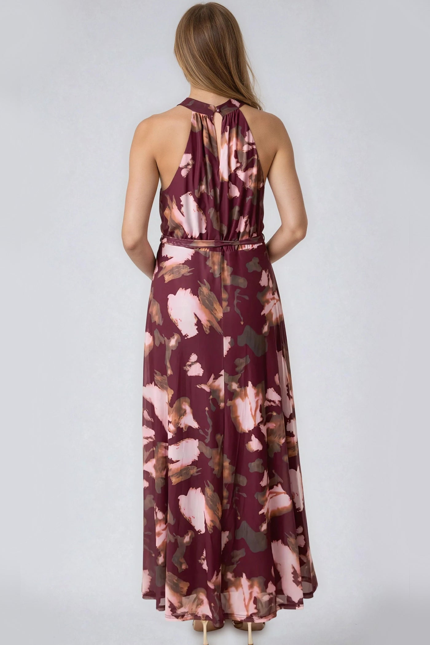 Wine Floral Halterneck Belted Maxi Dress-2