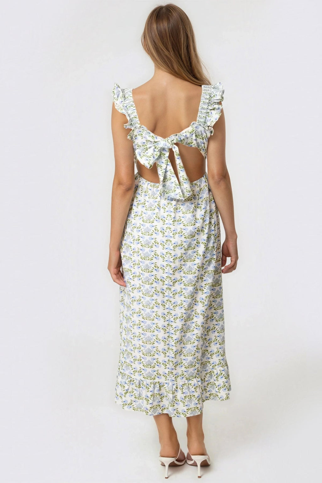 Blue Floral Open Tie Back Midi Dress-4