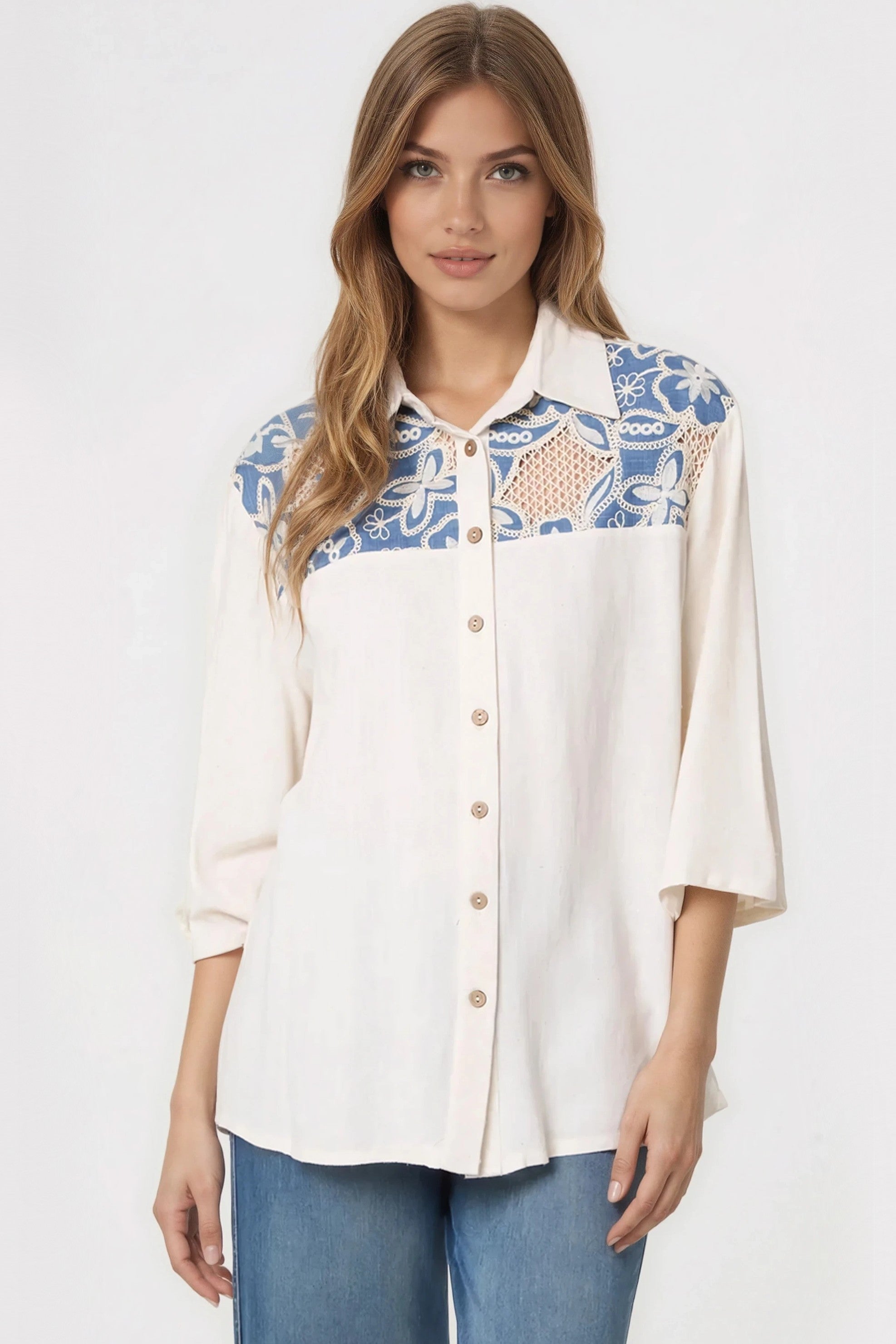 Denim Floral Crochet Linen Blend Shirt-0