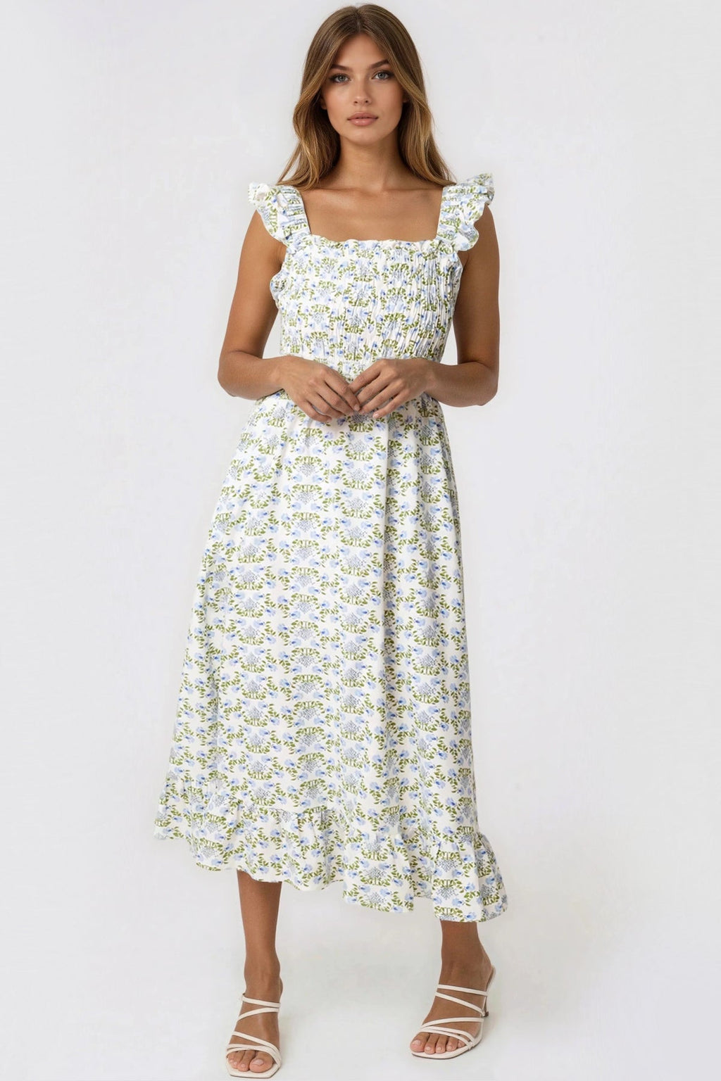 Blue Floral Open Tie Back Midi Dress-1