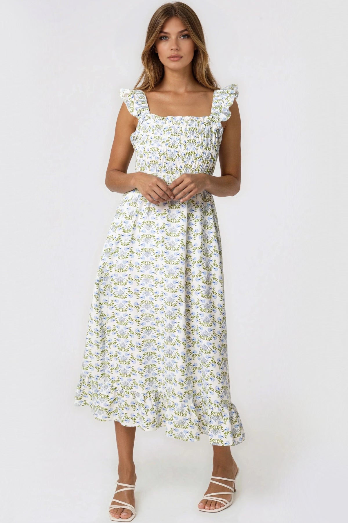 Blue Floral Open Tie Back Midi Dress-1