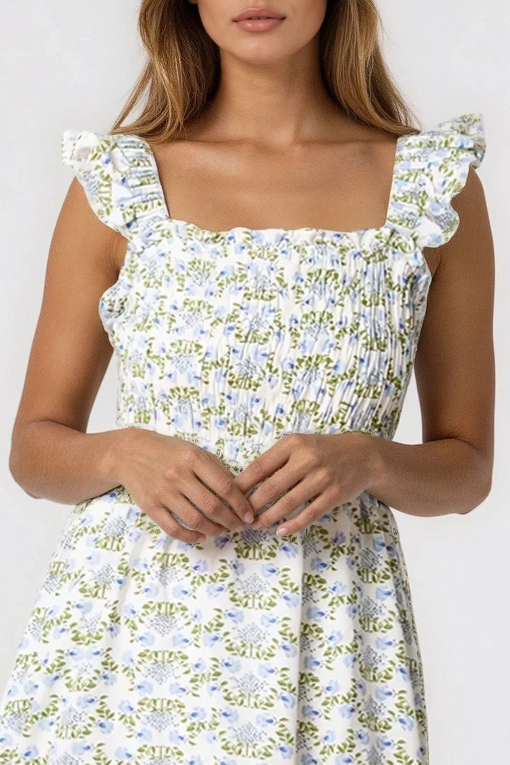 Blue Floral Open Tie Back Midi Dress-2