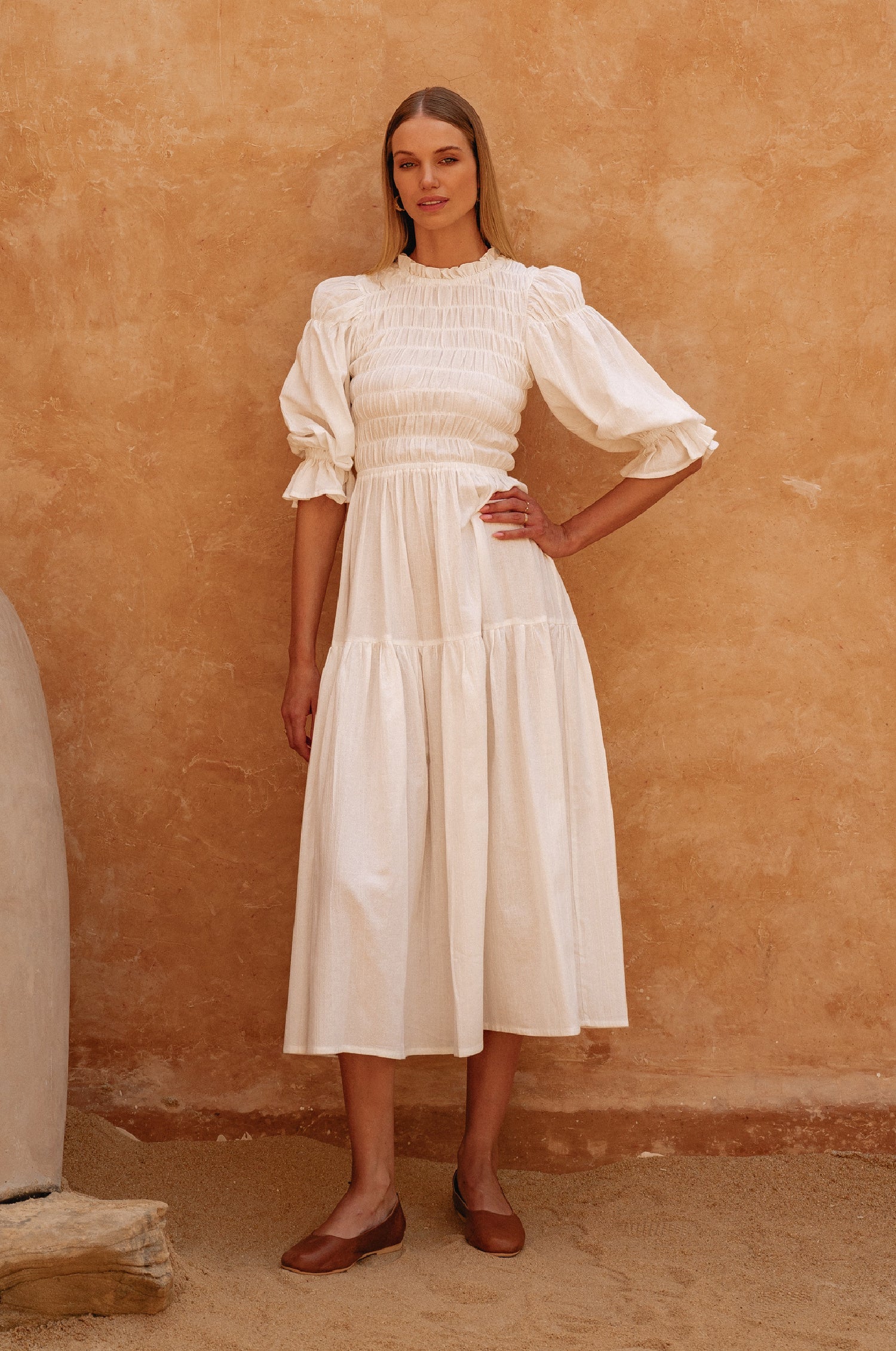 Florence Smocked Linen Midi Dress-3