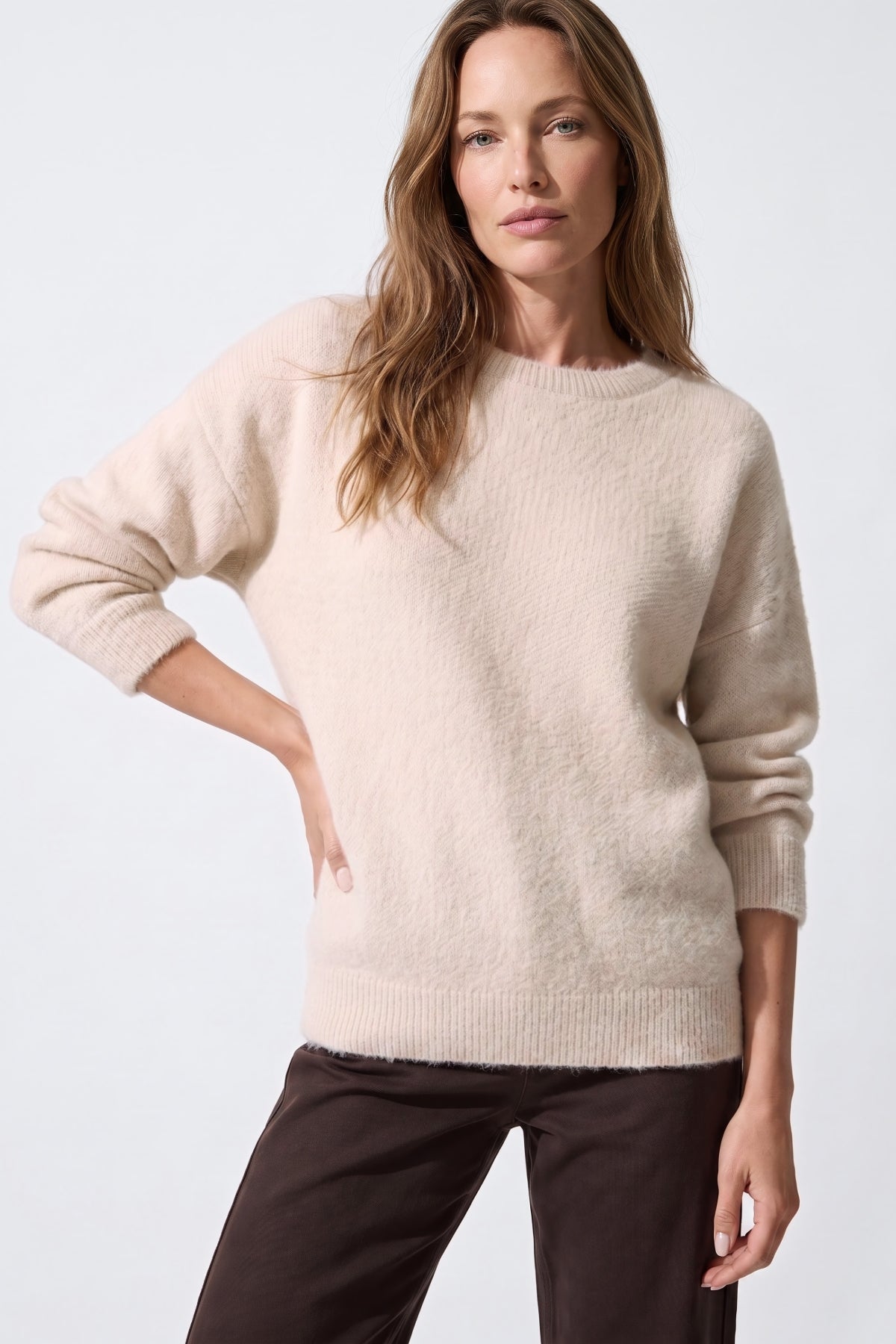 Beige Crew Neck Long Sleeve Jumper-1