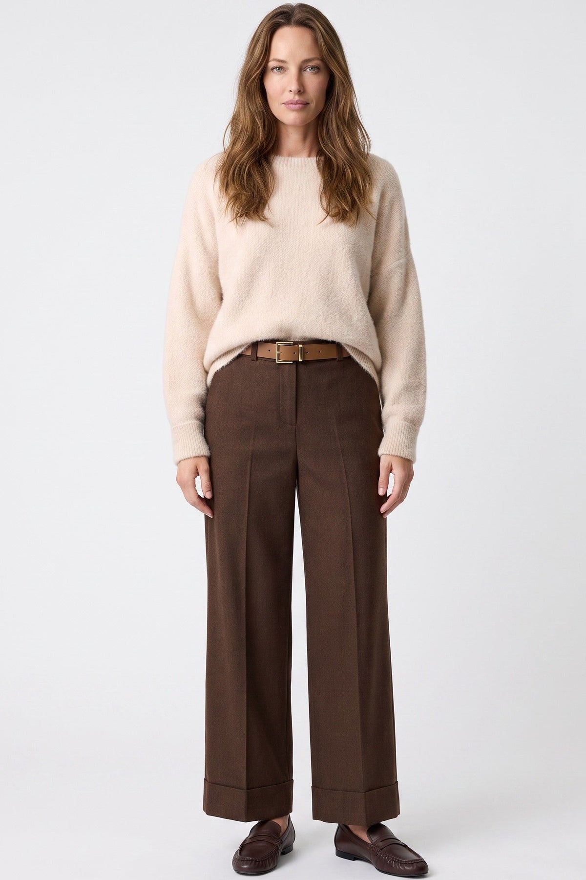Beige Crew Neck Long Sleeve Jumper-0
