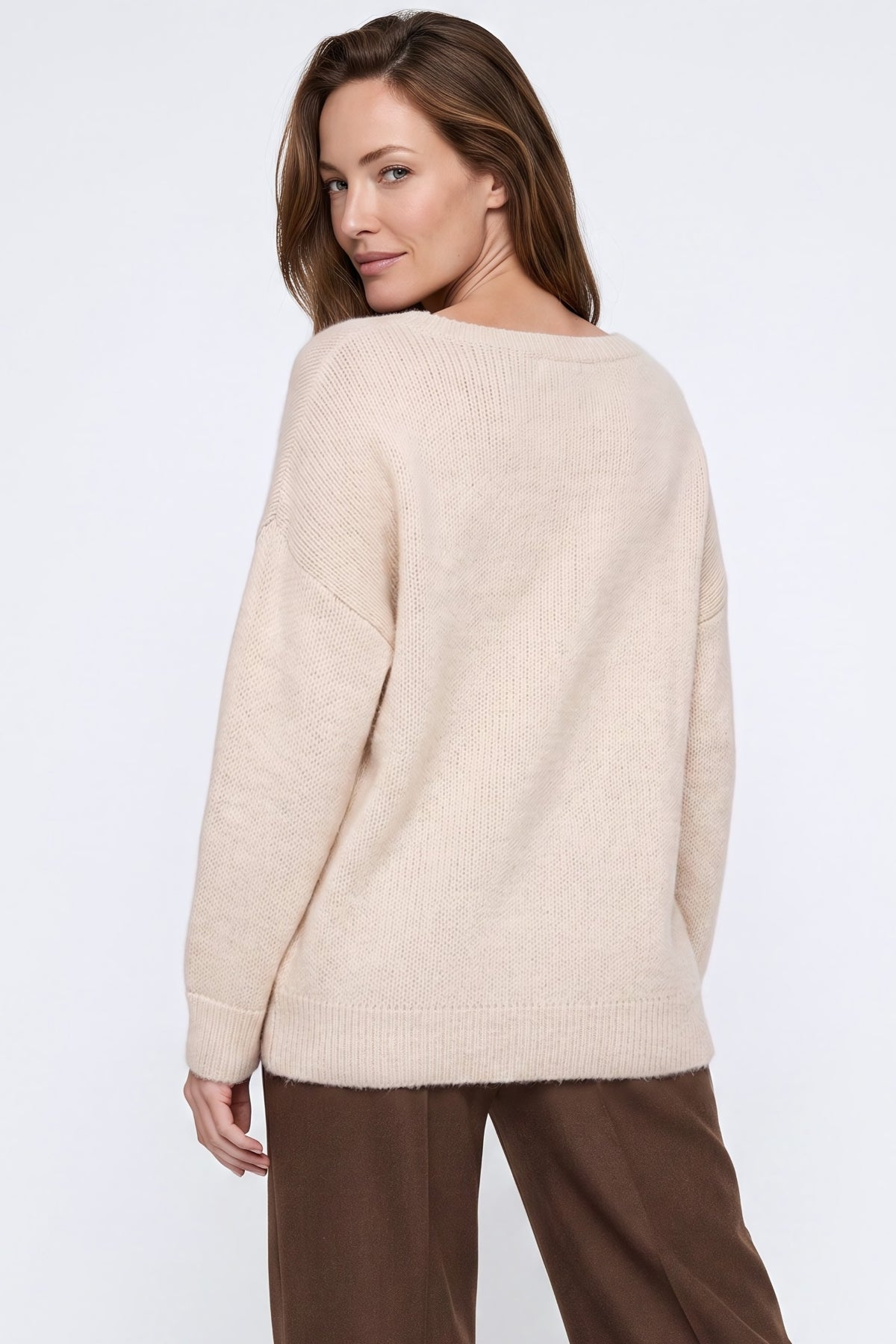 Beige Crew Neck Long Sleeve Jumper-2
