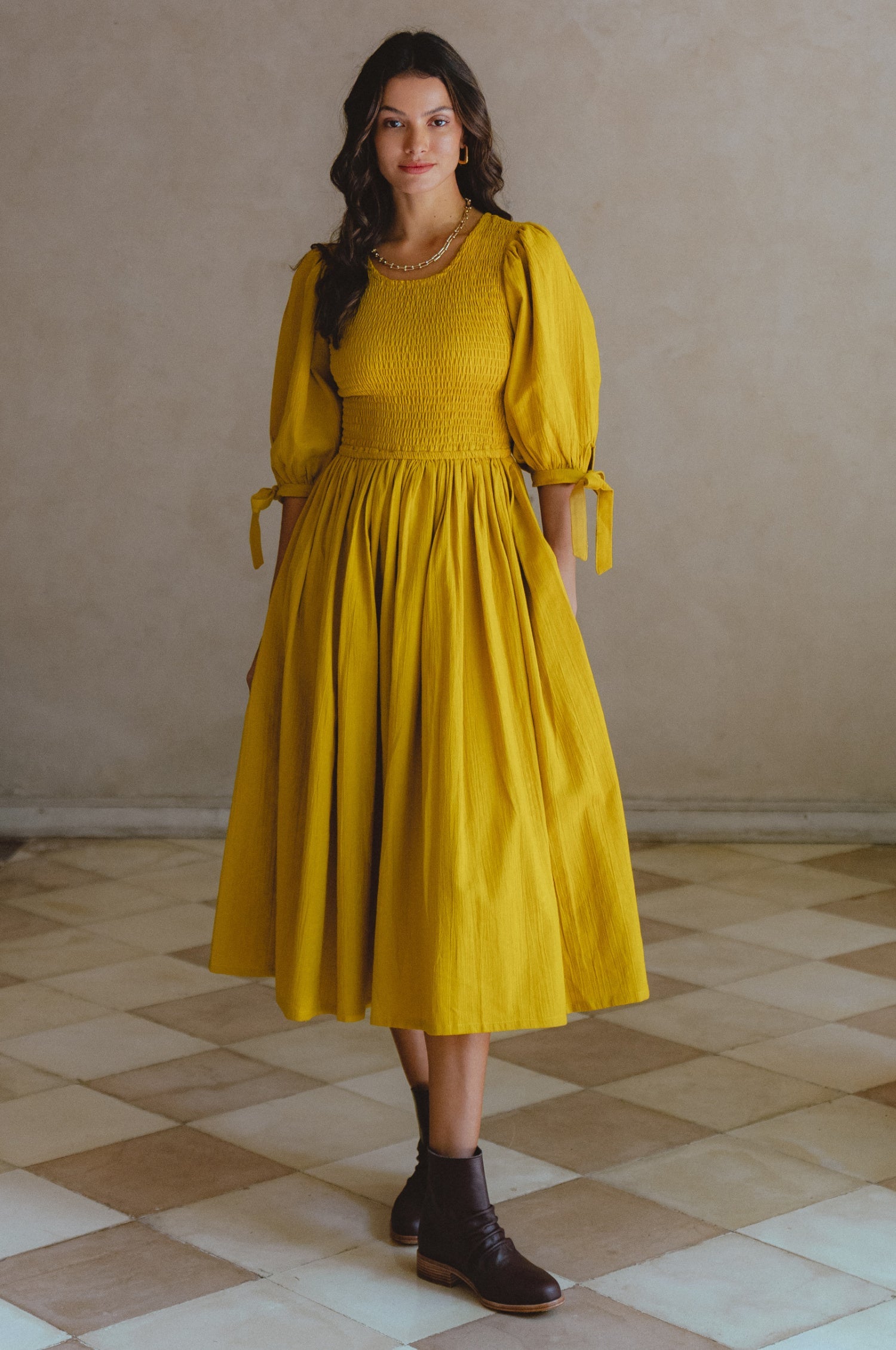 Freya Smocked Linen Midi Dress-0