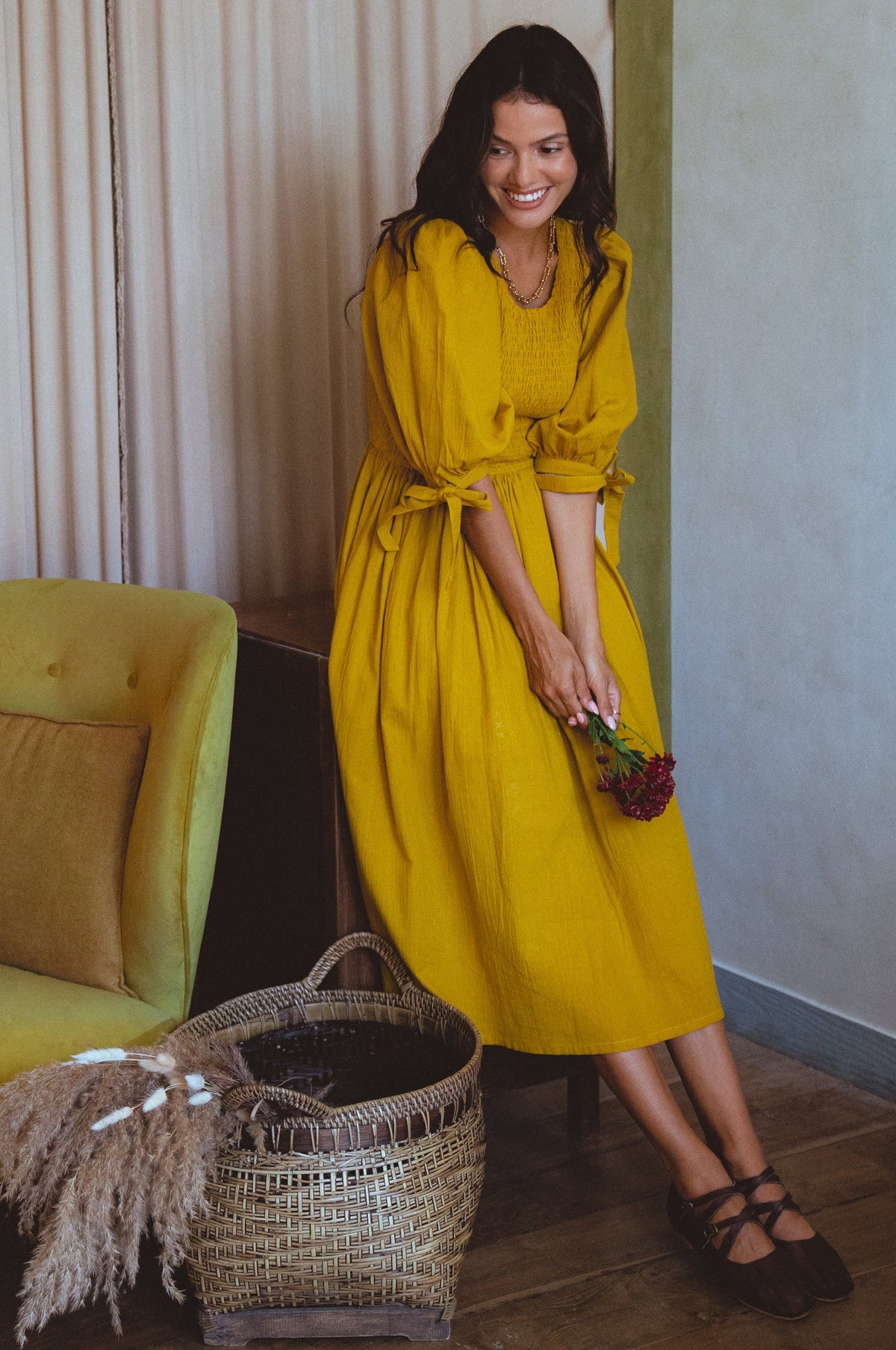 Freya Smocked Linen Midi Dress-3