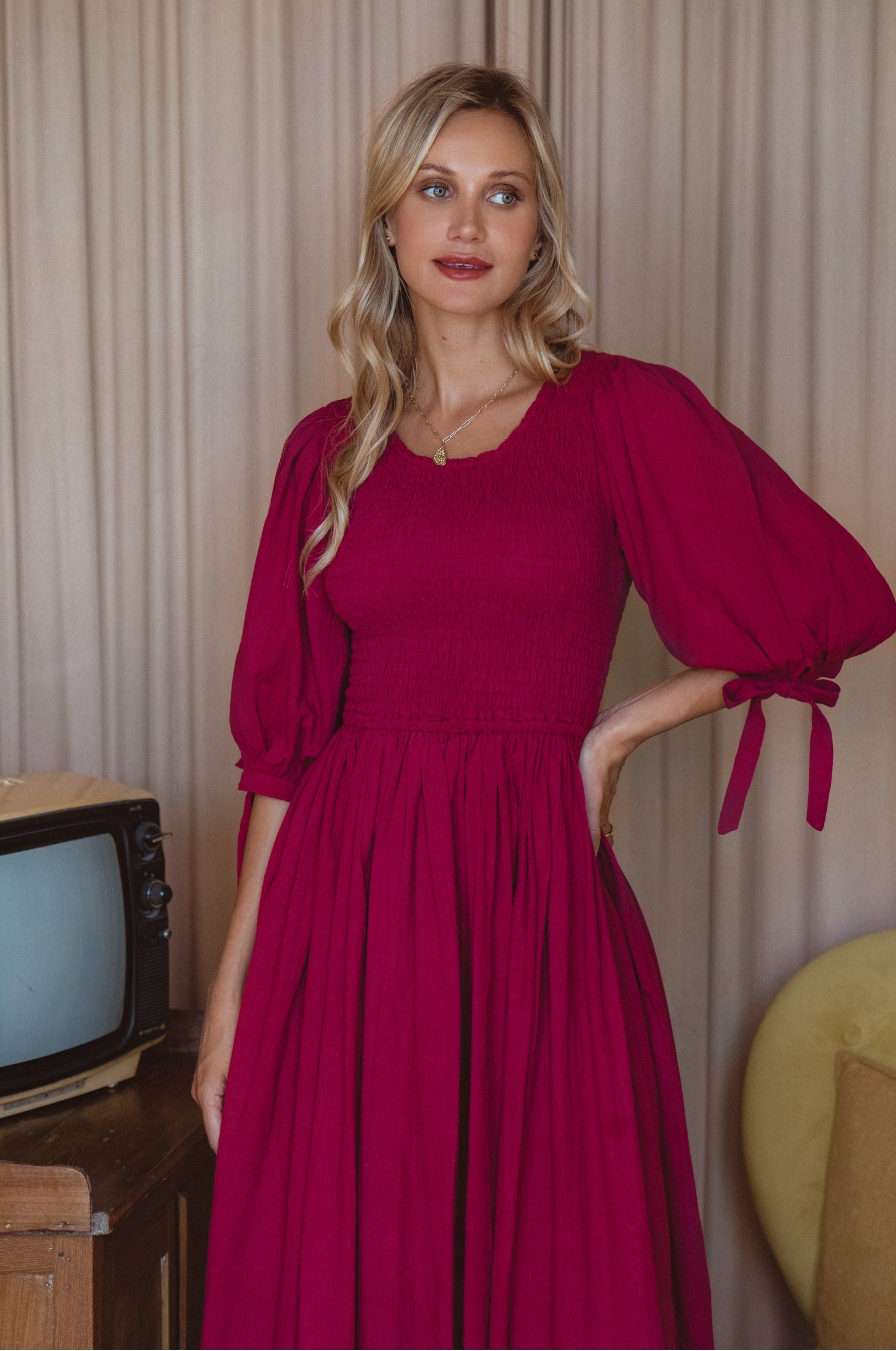 Freya Smocked Linen Midi Dress-3