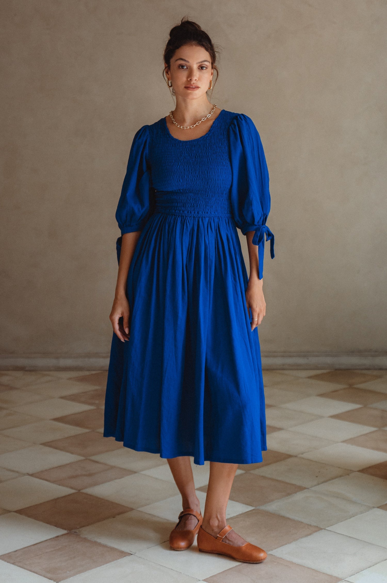 Freya Smocked Linen Midi Dress-1