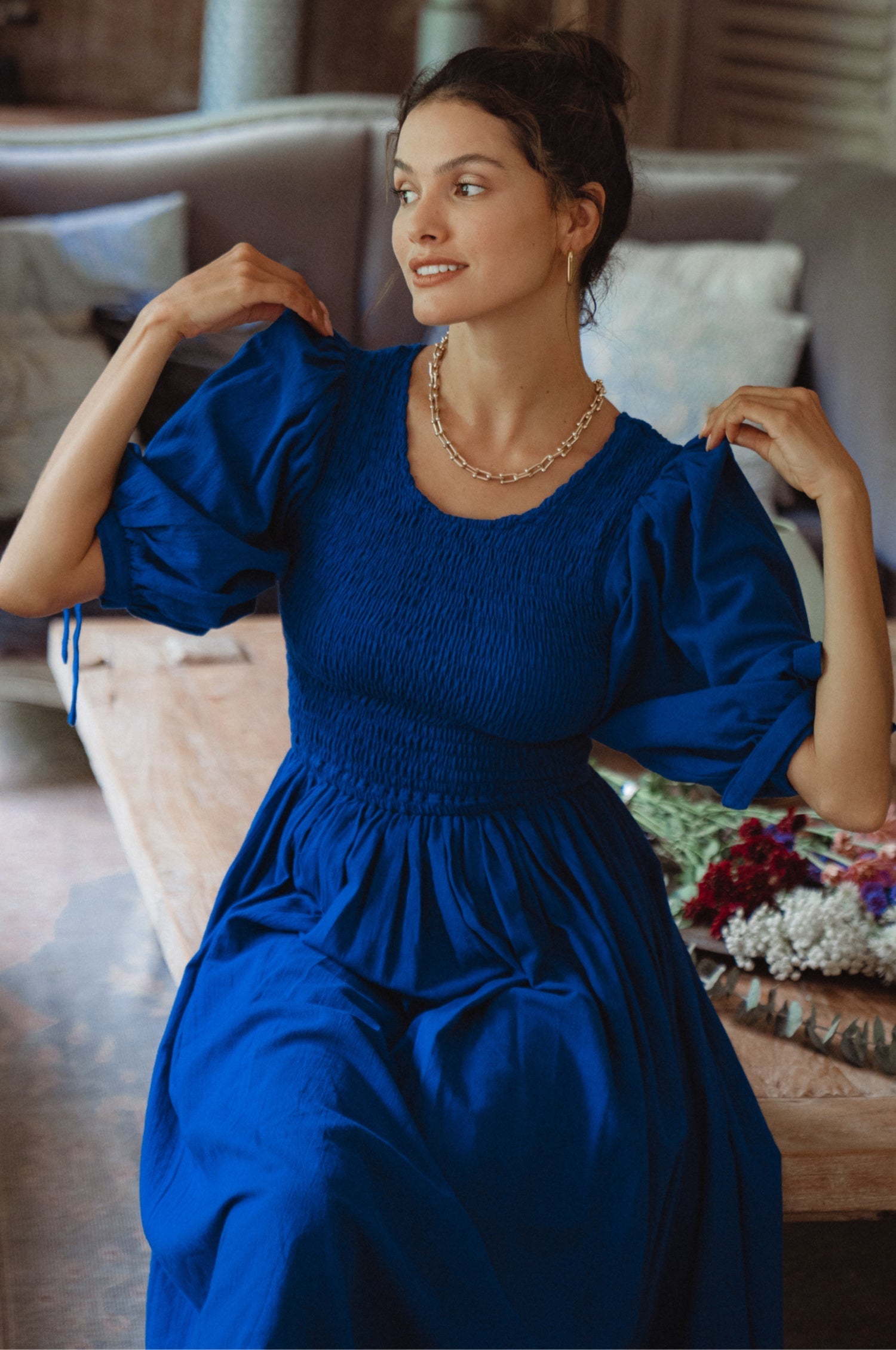 Freya Smocked Linen Midi Dress-2