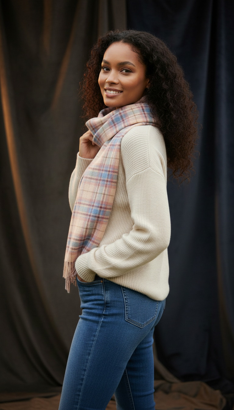 Frothy Pink, Blue & Buff Check Cashmere Scarf-1