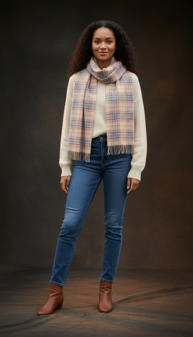 Frothy Pink, Blue & Buff Check Cashmere Scarf-2