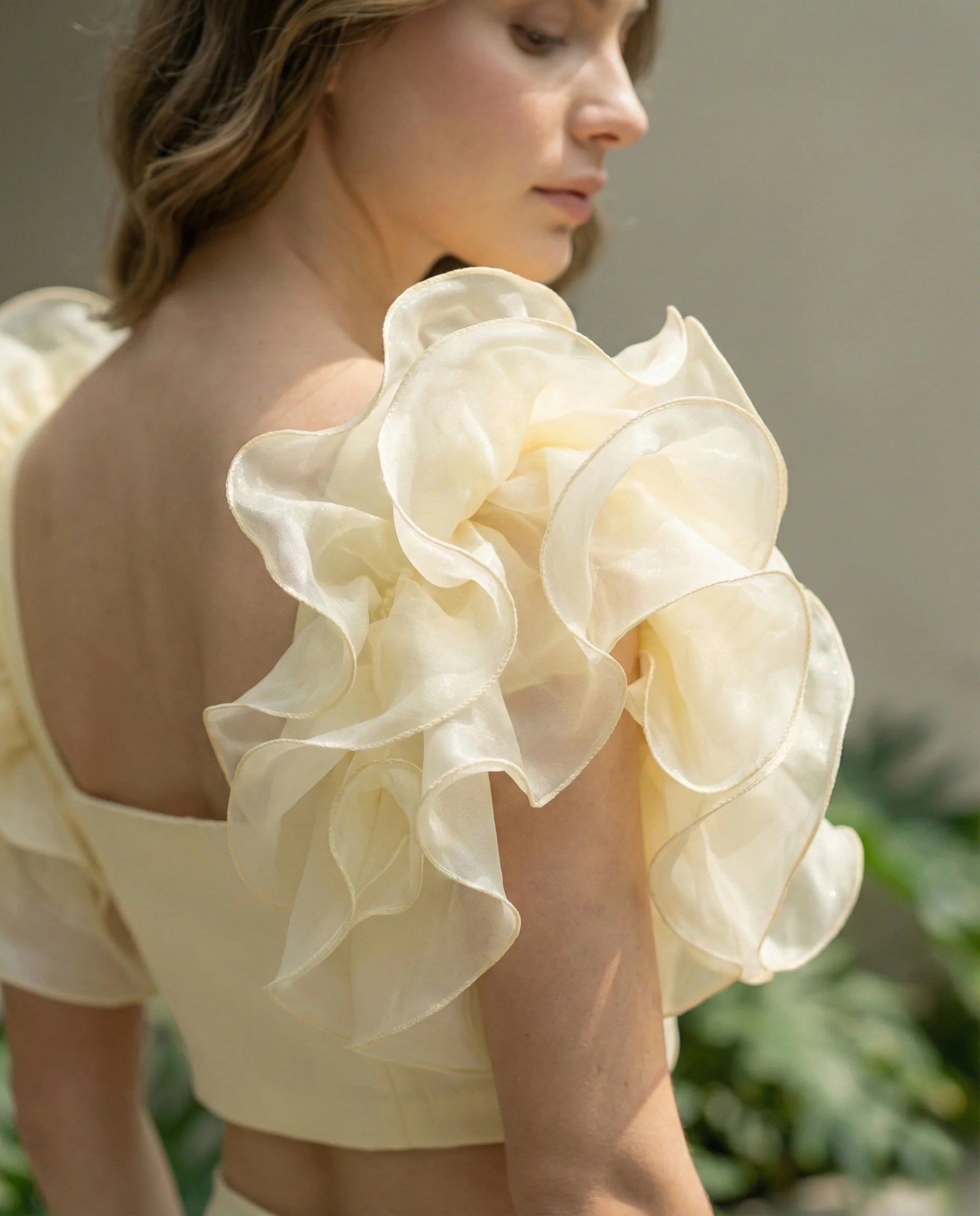 Butter Yellow Ruffle Sleeve Crop Top in Duchess Satin-1